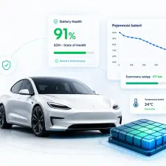 Biały samochód elektryczny z panelem pokazującym stan baterii 91%, szacowany zasięg 417 km i temperaturę 24°C.