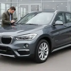 Szary BMW X1 przed salonem, mężczyzna spisuje notatki podczas oględzin. Idealny do bmw x1 test.